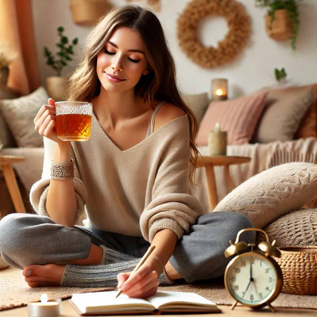  A calm, welcoming image of a mom enjoying self-care activities like sipping tea, journaling, or stretching. 