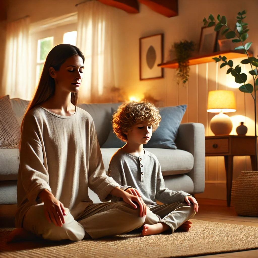  A photo of a mom practicing mindfulness with her child or taking deep breaths in a family room.