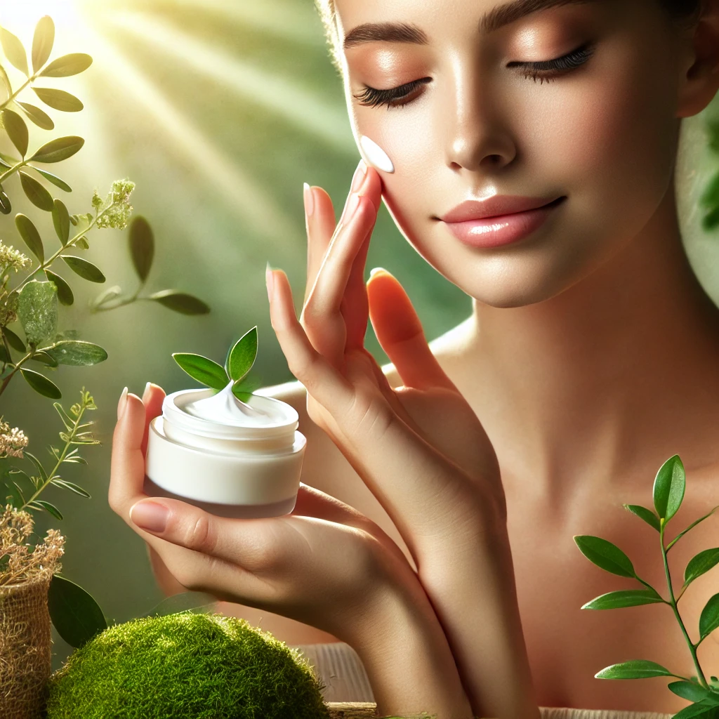 A serene, natural scene with a woman with glowing, fresh skin in a nature setting or using a natural product.