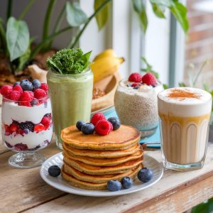 A bright and inviting breakfast spread featuring a beautifully layered yogurt parfait, a refreshing green smoothie, a stack of golden-brown buckwheat pancakes, creamy chia pudding, and a comforting turmeric ginger latte. The image is set on a rustic wooden table with natural lighting, evoking a cozy yet fresh morning vibe. Each dish is presented with vibrant, fresh ingredients, highlighting the gut-healthy goodness in every bite.