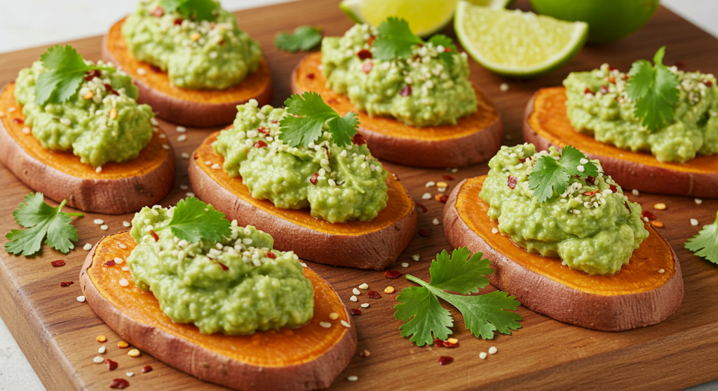 Sweet potatoes are rich in beta-carotene and fiber. They support blood sugar balance and nourish your gut lining, while avocado adds essential fats that protect your joints and skin.